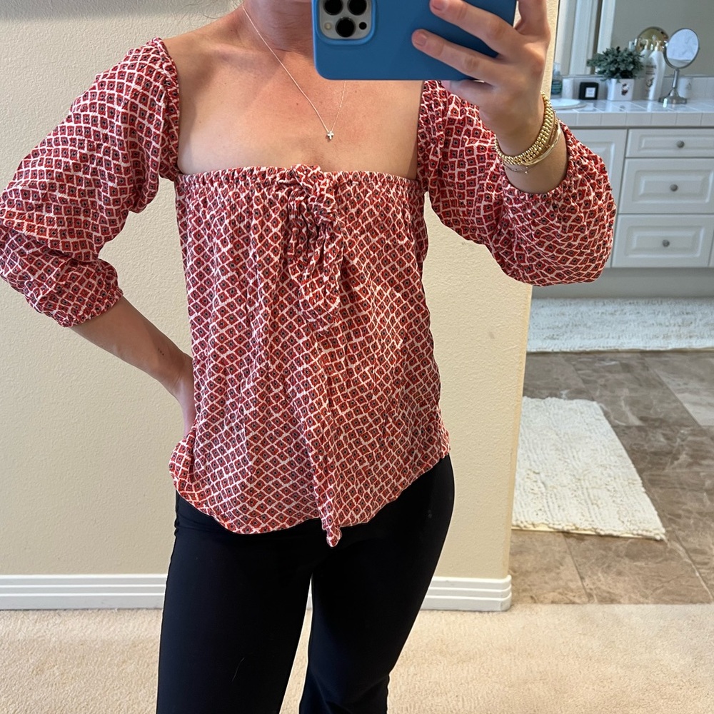 Billabong Red and White Puff Sleeve Blouse with Tie Front